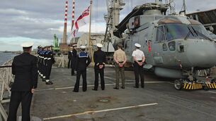 <p>Chief of Staff Lt Gen Ross Mulcahy (left) takes part in the ‘Sunset’ flag-lowering ceremony aboard HMS Somerset at Dublin Port, alongside ship commander Matt Millyard. Photo: Cormac O’Keeffe</p> <p>Chief of Staff Lt Gen Ross Mulcahy (left) takes part in the ‘Sunset’ flag-lowering ceremony aboard HMS Somerset at Dublin Port, alongside ship commander Matt Millyard. Photo: Cormac O’Keeffe</p>