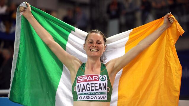 <p>Ireland's Ciara Mageean celebrates winning bronze at the Women's 1500m final during day three of the European Indoor Athletics Championships.</p>