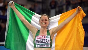 <p>Ireland's Ciara Mageean celebrates winning bronze at the Women's 1500m final during day three of the European Indoor Athletics Championships.</p> <p>Ireland's Ciara Mageean celebrates winning bronze at the Women's 1500m final during day three of the European Indoor Athletics Championships.</p>