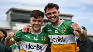 <p>Shane Tierney and Nathan Poland of Offaly celebrate their sides win in Tullamore. Pic: Mark Kavanagh/Sportsfile</p> <p>Shane Tierney and Nathan Poland of Offaly celebrate their sides win in Tullamore. Pic: Mark Kavanagh/Sportsfile</p>