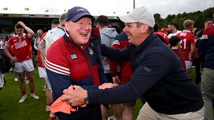 <p>HAPPY DAYS: Cork manager John Cleary celebrates. Pic: Ramsey Cardy/Sportsfile</p>