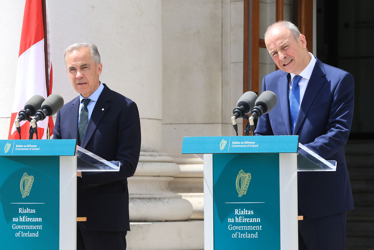Taoiseach and Fianna Fail leader Micheal Martin with the Prime Minister of Canada, Mark Carney speaking at a press conference as he visits Government Buildings on the first day of his visit to Ireland. Photo: Sasko Lazarov/© RollingNews.ie Taoiseach and Fianna Fail leader Micheal Martin with the Prime Minister of Canada, Mark Carney speaking at a press conference as he visits Government Buildings on the first day of his visit to Ireland. Photo: Sasko Lazarov/© RollingNews.ie