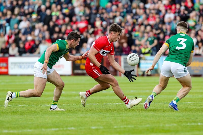 Derry’s James Sargent with Meath's Donal Keogan and Seán Rafferty. Picture: Lorcan Doherty/Inpho Derry’s James Sargent with Meath's Donal Keogan and Seán Rafferty. Picture: Lorcan Doherty/Inpho