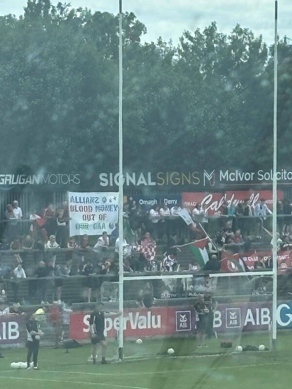 Protests behind the goal in Omagh ahead of Tyrone v Mayo over the GAA's continued links to Allianz. Pic: Brendan O'Brien. Protests behind the goal in Omagh ahead of Tyrone v Mayo over the GAA's continued links to Allianz. Pic: Brendan O'Brien.