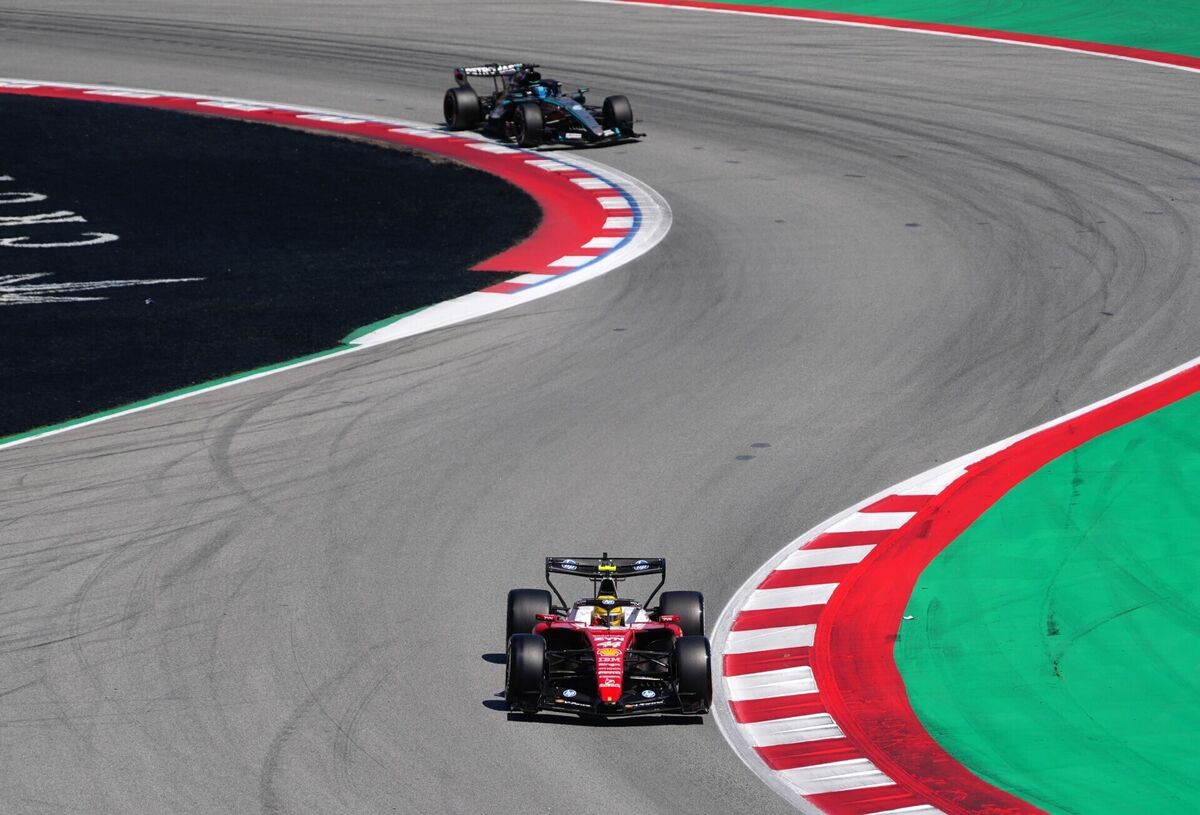 Ferrari driver Lewis Hamilton leads from Mercedes driver George Russell during the race at the Circuit de Barcelona-Catalunya. Pic: David Davies/PA Wire. Ferrari driver Lewis Hamilton leads from Mercedes driver George Russell during the race at the Circuit de Barcelona-Catalunya. Pic: David Davies/PA Wire.