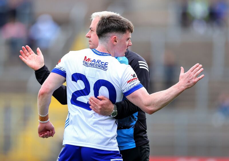 Monaghan manager Gabriel Bannigan with Stephen O'Hanlon. Pic: ©INPHO/Tom O’Hanlon.