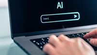 AI prompt chat bot. Search website to generate data, text or image. Man using computer with artificial intelligence app. Virtual