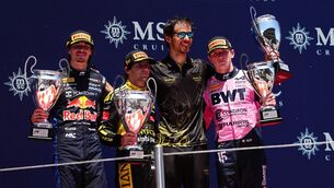 <p>Campos Racing's Nikola Tsolov (left), Invicta Racing's Rafael Camara (second left) and Rodin Motorsport's Alex Dunne (right) on the podium after the FIA Formula 2 Championship feature race at the Circuit de Barcelona-Catalunya. Pic: David Davies/PA Wire.</p> <p>Campos Racing's Nikola Tsolov (left), Invicta Racing's Rafael Camara (second left) and Rodin Motorsport's Alex Dunne (right) on the podium after the FIA Formula 2 Championship feature race at the Circuit de Barcelona-Catalunya. Pic: David Davies/PA Wire.</p>