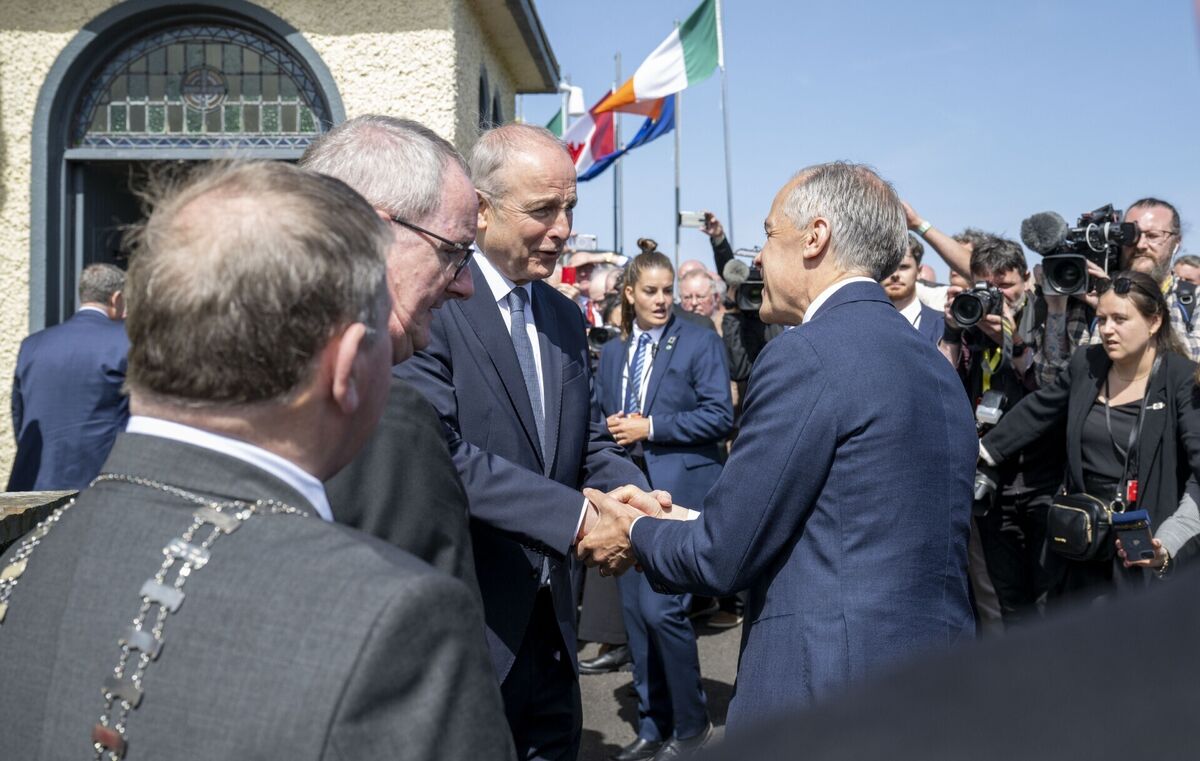 Canadian Prime Minister Mark Carney shakes hands with Taoiseach Michael Martin in Aughagower on Sunday. Picture: Andrew Downes/PA Canadian Prime Minister Mark Carney shakes hands with Taoiseach Michael Martin in Aughagower on Sunday. Picture: Andrew Downes/PA