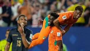 <p>Ivory Coast's Ibrahim Sangare carries teammate Amad Diallo after defeating Ecuador. Picture: Matt Slocum/AP</p> <p>Ivory Coast's Ibrahim Sangare carries teammate Amad Diallo after defeating Ecuador. Picture: Matt Slocum/AP</p>