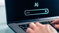 AI prompt chat bot. Search website to generate data, text or image. Man using computer with artificial intelligence app. Virtual