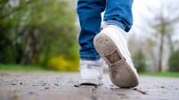 Close up of the legs of a teenager walking through the park.