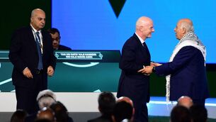 <p>FIFA President Gianni Infantino interacts with the President of the Palestine Football Association Jibril Rajoub as the Vice-President of Israel Football Association Basim Sheikh Suliman looks on. Pic: Don MacKinnon / AFP via Getty Images.</p> <p>FIFA President Gianni Infantino interacts with the President of the Palestine Football Association Jibril Rajoub as the Vice-President of Israel Football Association Basim Sheikh Suliman looks on. Pic: Don MacKinnon / AFP via Getty Images.</p>