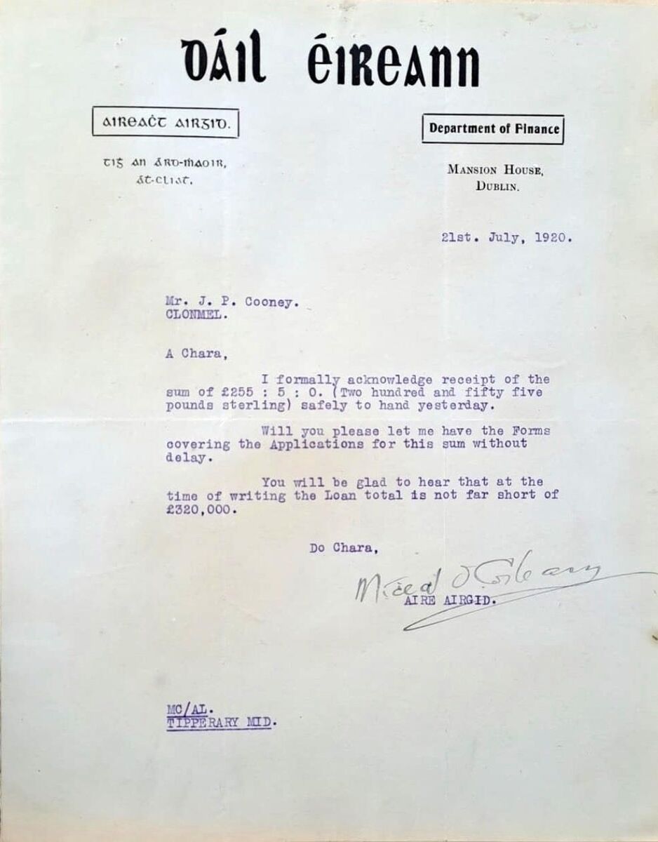 A letter signed by Michael Collins as minister for finance. A letter signed by Michael Collins as minister for finance.