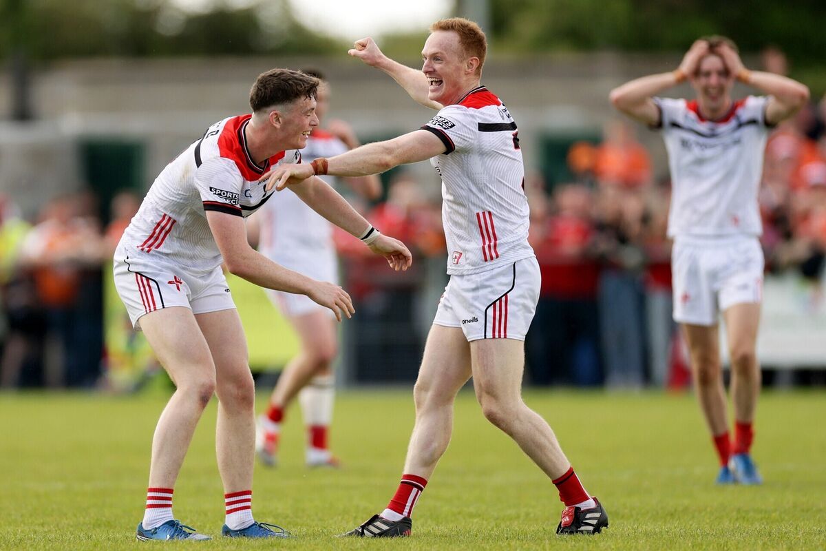 Louth's James Maguire and Donal McKenny celebrate after the game. Pic: ©INPHO/Laszlo Geczo Louth's James Maguire and Donal McKenny celebrate after the game. Pic: ©INPHO/Laszlo Geczo