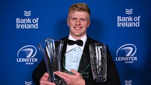 <p>MORE IMPORTANT: Tommy O'Brien with his 3 awards, the Bank of Ireland Men’s Player of the Year, the Nissan Supporters Player of the Year and the the Optimum Nutrition Tackle of the Year. Pic: Brendan Moran/Sportsfile.</p>