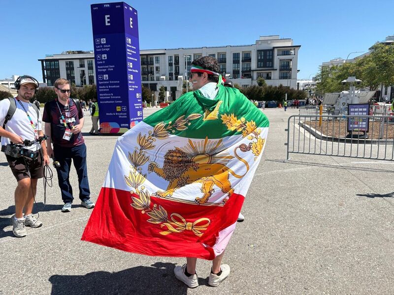 Iran fans outside the SoFi Stadium in Los Angeles ahead of their match against New Zealand. Pic: Jamie Gardner/PA Wire. Iran fans outside the SoFi Stadium in Los Angeles ahead of their match against New Zealand. Pic: Jamie Gardner/PA Wire.