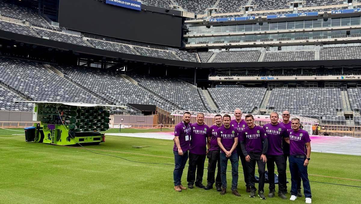 SIS Pitches executive chairman George Mullan and some of his team at the Meadowlands Stadium where the 2026 World Cup final will be held.