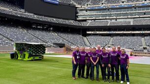 <p>SIS Pitches executive chairman George Mullan and some of his team at the Meadowlands Stadium where the 2026 World Cup final will be held.</p>