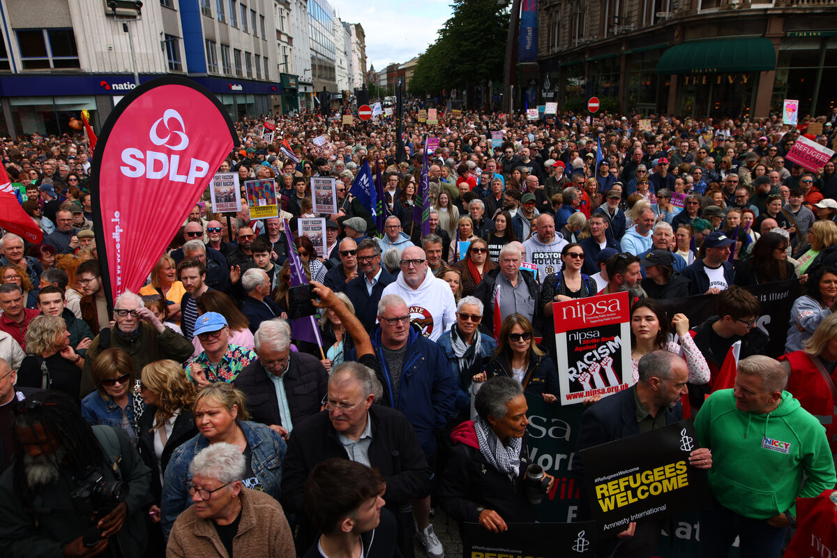 An anti-racism rally outside Belfast City Hall on Saturday organised by the Unite Against Racism group following the disorder in the city. An anti-racism rally outside Belfast City Hall on Saturday organised by the Unite Against Racism group following the disorder in the city.
