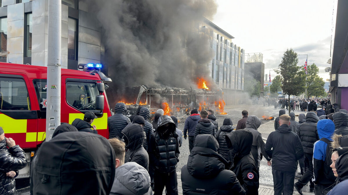 A Glider bus is set on fire by rioters on the Newtownards Road in east Belfast last week. A Glider bus is set on fire by rioters on the Newtownards Road in east Belfast last week.