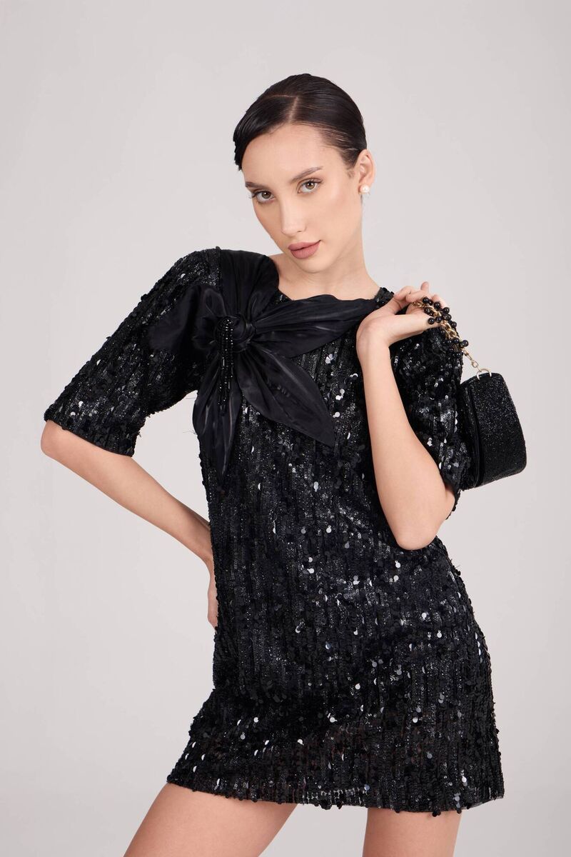The mid-thigh length dress embroidered with black sequins by Flapper 6 dress The mid-thigh length dress embroidered with black sequins by Flapper 6 dress