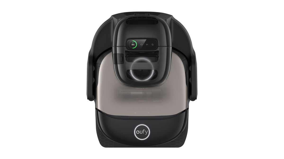 The docking station serves as a comprehensive maintenance hub, automatically emptying the robot's dustbin after each cycle. Picture: Eufy