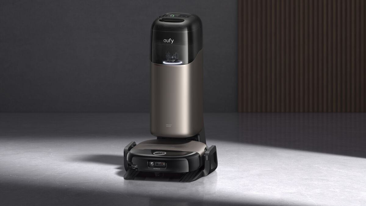 Integrated clear windows on the dock allow users to see at a glance exactly how much clean and dirty water remains. Picture: Eufy