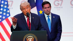 <p>US President Donald Trump with Secretary of State Marco Rubio during a press conference at the G7 summit. Picture: Vadim Ghirda/AP</p>