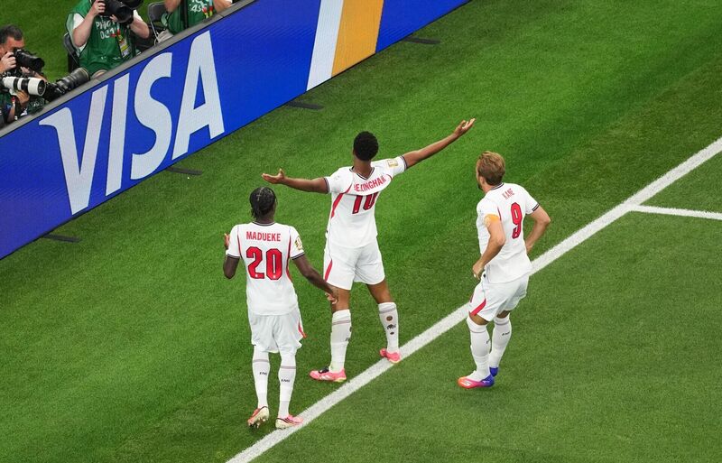 WHO ELSE: Jude Bellingham hits his trademark celebration after putting England ahead for the third time in Arlington. Picture: Martin Rickett/PA WHO ELSE: Jude Bellingham hits his trademark celebration after putting England ahead for the third time in Arlington. Picture: Martin Rickett/PA