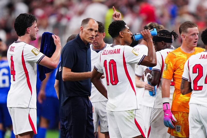 STOP/START: England manager Thomas Tuchel speaking with Jude Bellingham at the hydration break. Pic: Bradley Collyer/PA STOP/START: England manager Thomas Tuchel speaking with Jude Bellingham at the hydration break. Pic: Bradley Collyer/PA