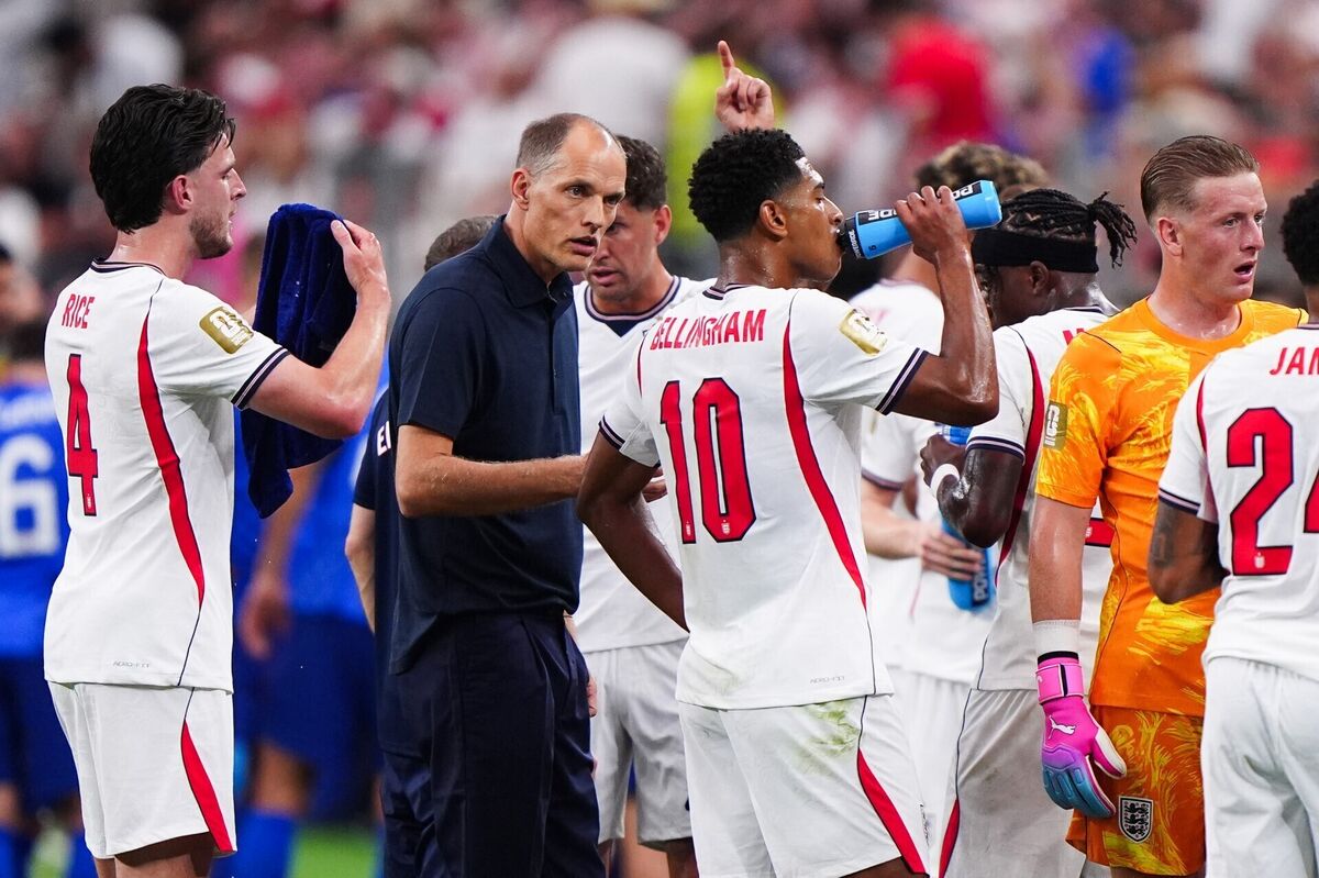 STOP/START: England manager Thomas Tuchel speaking with Jude Bellingham at the hydration break. Pic: Bradley Collyer/PA STOP/START: England manager Thomas Tuchel speaking with Jude Bellingham at the hydration break. Pic: Bradley Collyer/PA