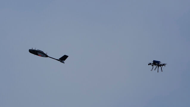 <p>A drone hunter intercepts a target drone during drills at the Yatagan School for Unmanned Aerial Systems in the Kyiv region, Ukraine, Thursday, March 19, 2026. (AP Photo/Efrem Lukatsky)</p>