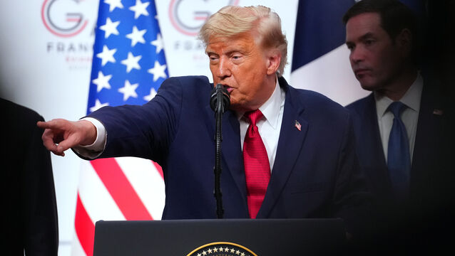 <p>U.S. President Donald Trump, center, takes questions during a media conference at the end of the G7 summit in Evian-les-Bains, France, Wednesday, June 17, 2026. (AP Photo/Vadim Ghirda)</p>