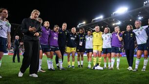 <p>Republic of Ireland head coach Carla Ward speaks to her team after the 2027 FIFA Women’s World Cup Qualifier against France. Pic: Stephen McCarthy/Sportsfile</p>