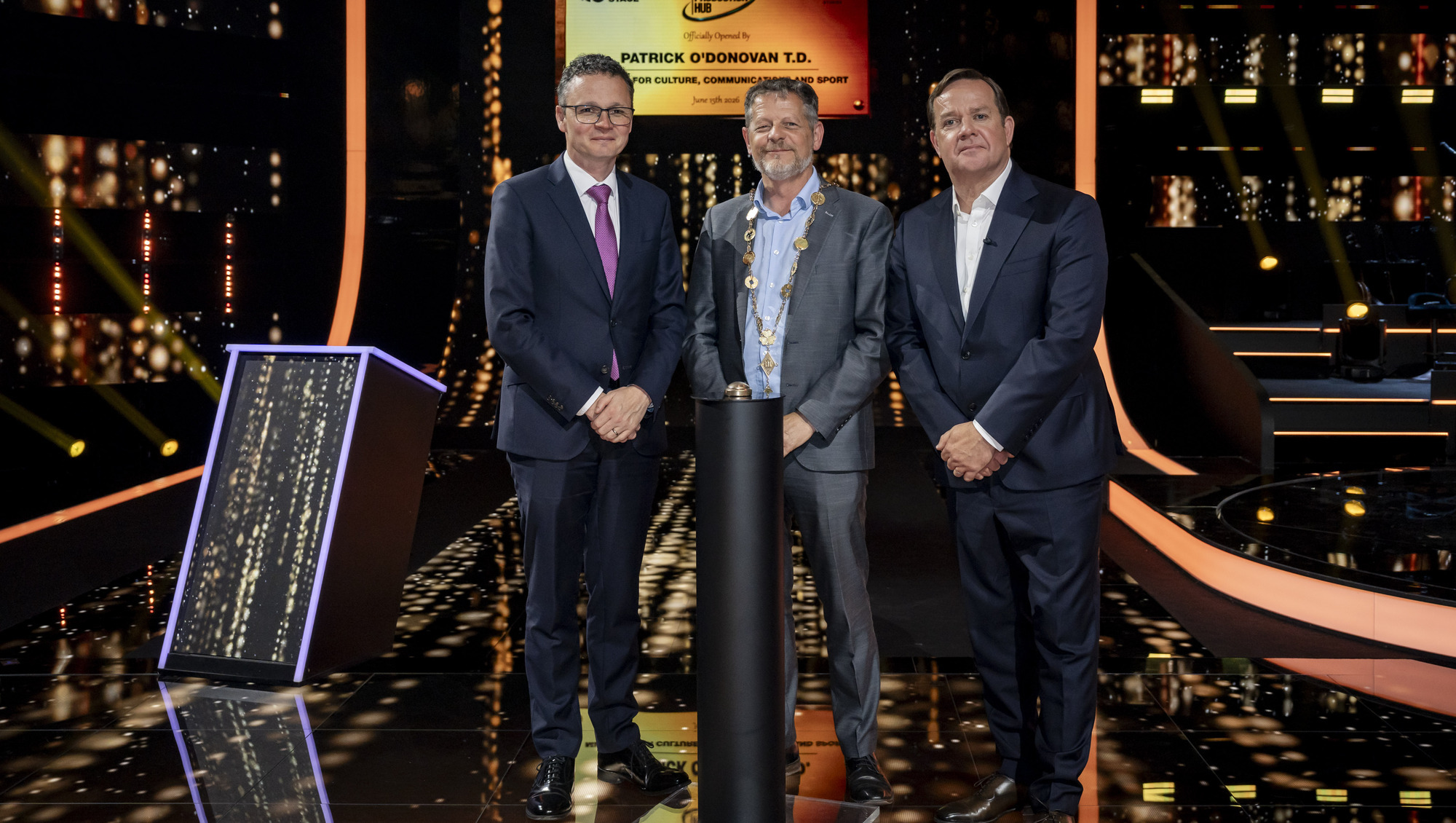 Culture minister Patrick O’Donovan; John Moran, mayor of Limerick; and Pat Kiely, chief executive and founder of BiggerStage at the launch of the Global Production Hub at Troy Studios, Limerick. Picture: Don Moloney