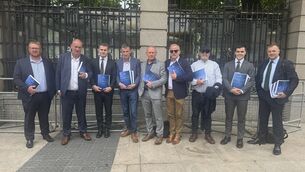 <p class="contextmenu internal_Caption">Bill Kenneally’s victims, with solicitor Darragh Mackin, outside Leinster House in Dublin in June. Picture: Bairbre Holmes/PA</p>