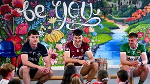 <p>Pupils of Scoil Chroí Íosa, Blarney, during an interview session with, from left, Eddie Gibbons of Dublin, Aaron Niland of Galway and Killian Sampson of Offaly. Pic: Brendan Moran/Sportsfile</p> <p>Pupils of Scoil Chroí Íosa, Blarney, during an interview session with, from left, Eddie Gibbons of Dublin, Aaron Niland of Galway and Killian Sampson of Offaly. Pic: Brendan Moran/Sportsfile</p>