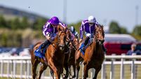 Ryan Moore on Great Barrier Reef holds off Wayn Lordan on Carry The Flag to win The Kilkea Castle Marble Hill Stakes (Group 3) 2