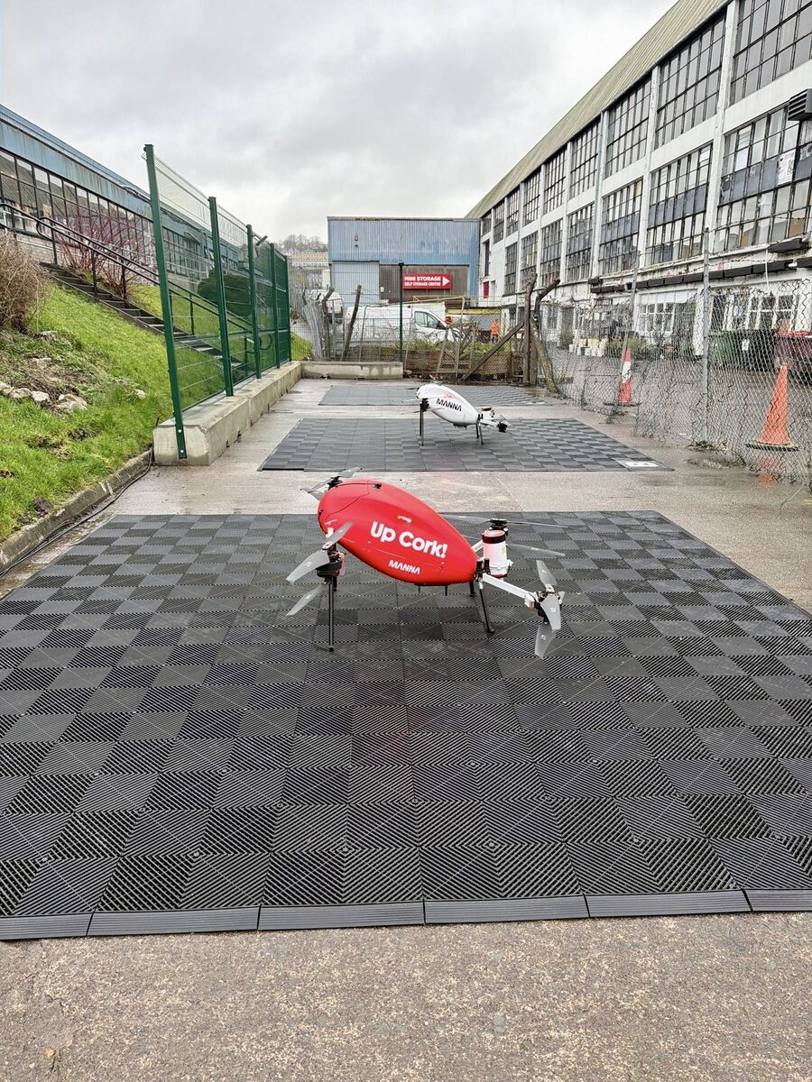 Manna delivery drone in the red colour of Cork with the message Up Cork! printed on the side. Picture: Larry Cummins