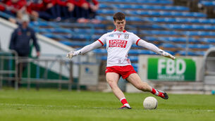 <p>KICKING KING: Cork goalkeeper Rory Twohig in action during the quarter-final clash between Cork and Meath. Pic:  Diarmuid Brennan/Sportsfocus.</p>