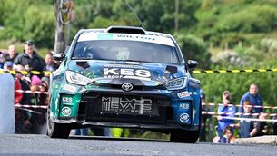 <p>Kris Meeke/Liam Regan (Toyota GR Yaris Rally2) lead the Wilton Recycling Donegal International Rally after Friday's six stages. Pic: Martin Walsh. </p>