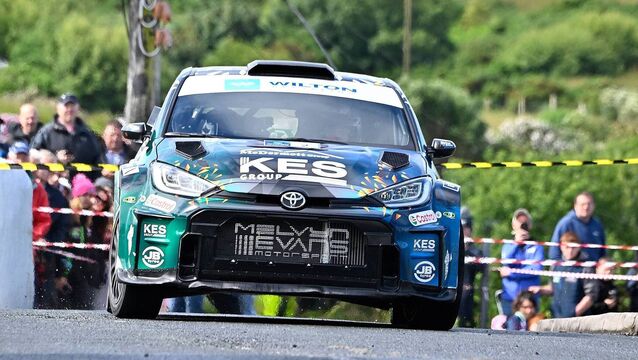 <p>Kris Meeke/Liam Regan (Toyota GR Yaris Rally2) lead the Wilton Recycling Donegal International Rally after Friday's six stages. Pic: Martin Walsh. </p>