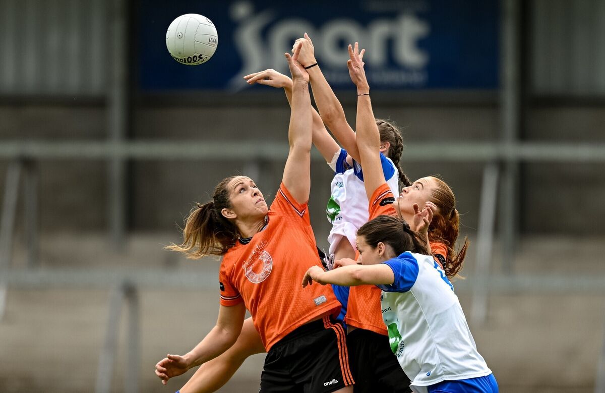 Armagh's Caroline O'Hanlon, left, and Blaithin Mackin compete for the throw-in with Ruby Browne, left, and Áine O'Neill. Picture: Ramsey Cardy/Sportsfile Armagh's Caroline O'Hanlon, left, and Blaithin Mackin compete for the throw-in with Ruby Browne, left, and Áine O'Neill. Picture: Ramsey Cardy/Sportsfile