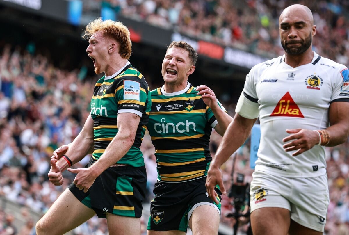 Northampton Saints' George Hendy celebrates scoring a try with Fraser Dingwall. Picture: Dan Sheridan/Inpho