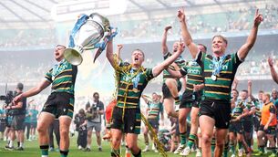 <p>Northampton Saints' Fraser Dingwall (left), Fin Smith and Henry Pollock (right) celebrate with the trophy. Picture: Mike Egerton/PA</p> <p>Northampton Saints' Fraser Dingwall (left), Fin Smith and Henry Pollock (right) celebrate with the trophy. Picture: Mike Egerton/PA</p>