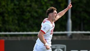<p>REBEL YELL: Tom Whooley of Cork celebrates after scoring his side's first goal. Pic: Sam Barnes/Sportsfile</p>