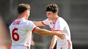 <p>Cork players Kieran O'Shea, right, and Conor Downing celebrate after their side's victory. Picture: Sam Barnes/Sportsfile</p>