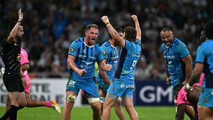 <p>Montpellier's French flanker Lenni Nouchi, left, celebrates with teammates after winning a scrum. Picture: Gabriel Bouys/AFP via Getty Images</p>
