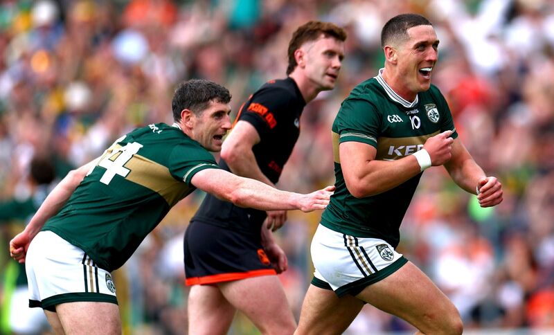 Kerry’s Joe O’Connor celebrates the third green flag with Paul Geaney. Picture: James Crombie/Inpho
